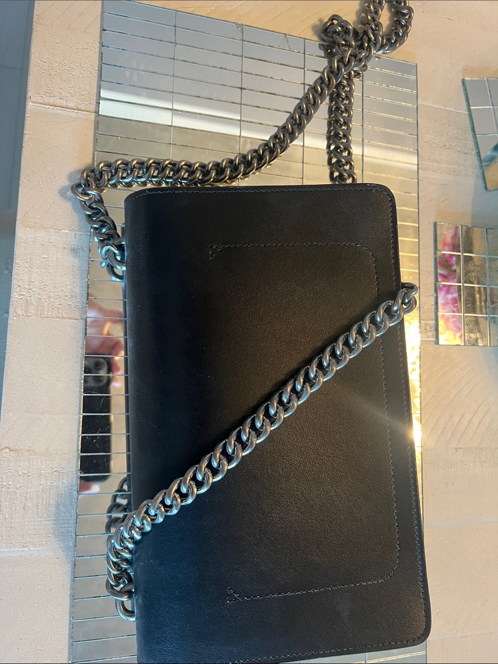 Pinko black Leather Crossbody Bag with Pink Rose Embroidery. Silver and Gold - Picture 5 of 5